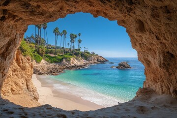 Fototapeta premium Cave view overlooking a tranquil beach with palm trees on a sunny day by the coast