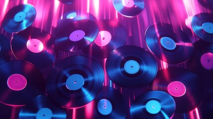 Abstract background with vinyl records in pink purple neon glow