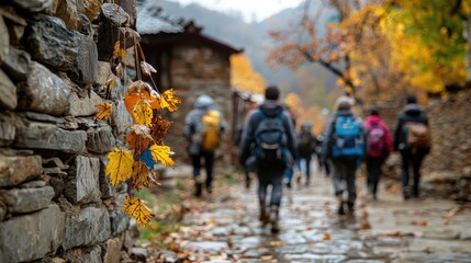 A scenic autumn pathway is lined with stone walls, showcasing vibrant yellow leaves as hikers walk along, immersed in nature&rsquo;s beauty.
