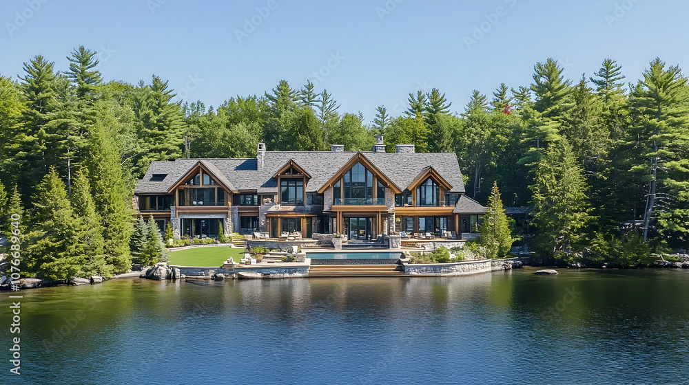 Wall mural Minnesota lakefront lodge with pristine forest surroundings and private dock, contemporary north woods estate on Lake Superior