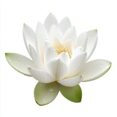 Fototapeta premium Beautiful white lotus flower with droplets on petals, isolated on white background.