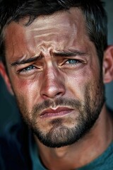 Fototapeta premium Expressive Portrait of a Thoughtful Man with Intense Blue Eyes in Natural Light