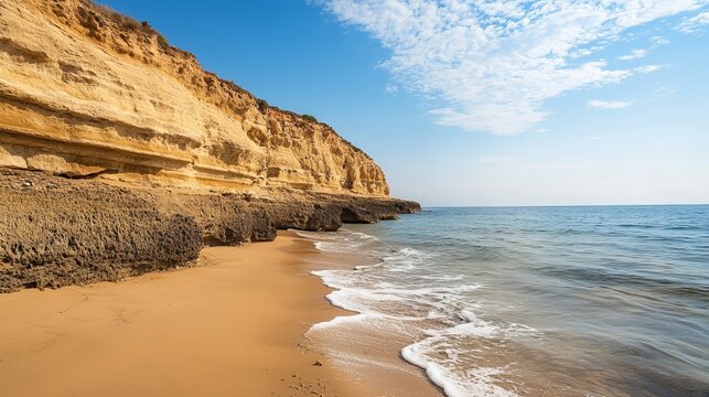 The cliffs and sandy shoreline of Paradise Beach, also known as Chomi Beach in the Aegean Sea off Corfu, Greece. Chomi, also known as Paradise beach, lies on the northwest coast of Corfu