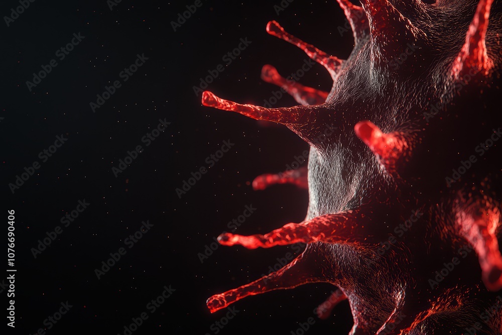 Poster close-up view of a virus structure with red and gray details on a dark background.