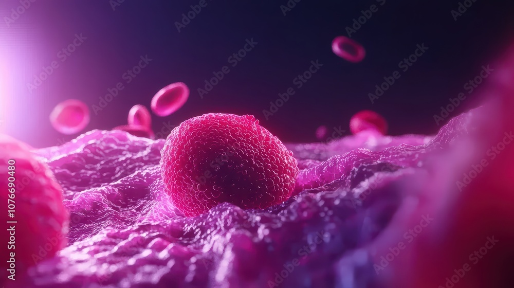 Poster close-up view of colorful cells in a dynamic environment, showcasing intricate details and vibrant c