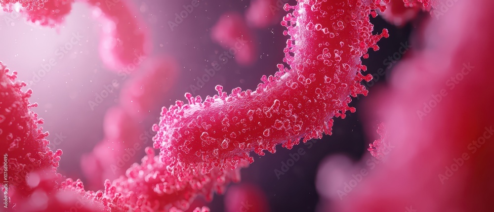 Poster close-up view of pink virus structures on a soft background, showcasing intricate details and shapes