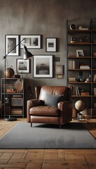 Comfortable and cozy living room with armchair and lamp