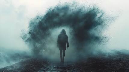 Fototapeta premium A person is walking through a cloud of smoke