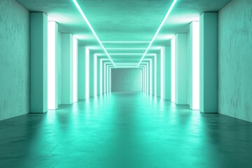 Fototapeta premium A modern, illuminated corridor with turquoise lighting and a sleek concrete finish.