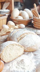 Fototapeta premium A loaf of freshly baked bread is sliced, surrounded by flour, dough balls, and kitchen utensils