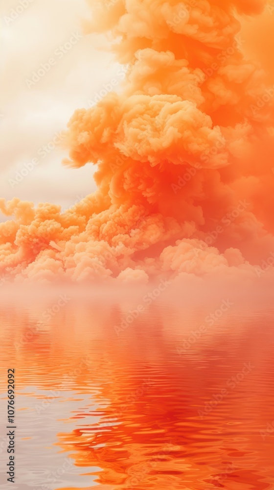 Poster orange mist reflecting on calm ocean surface, creating a serene and abstract panorama of color and t