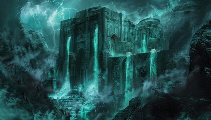 Ancient Stone Temple with Waterfalls and Thunderstorm