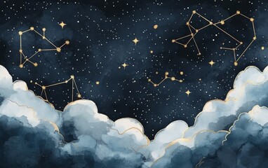 A painting of the night sky with stars and constellations