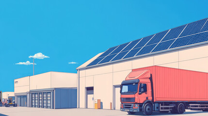 A Vibrant Illustration Showcasing Sustainable Practices in Warehousing with Solar Panels and Efficient Logistics Operations