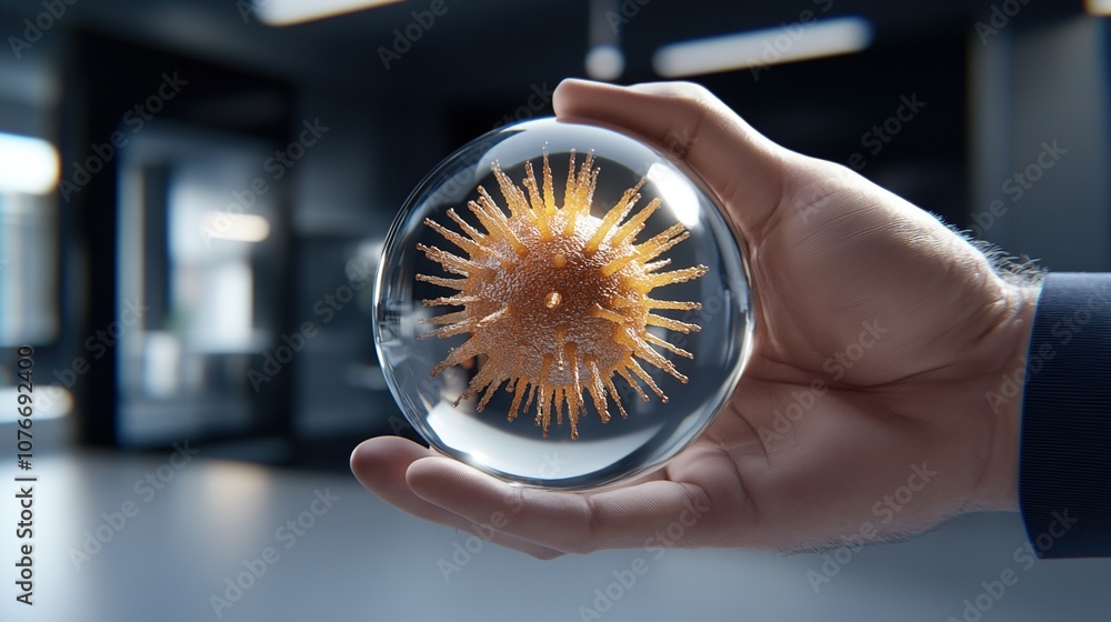 Poster close-up of a hand holding a transparent sphere with a complex, textured structure representing micr