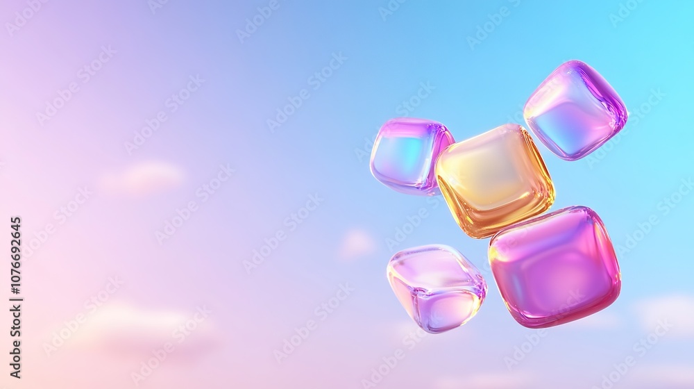 Poster colorful translucent cubes floating in a serene pastel sky create a dreamy atmosphere of lightness a
