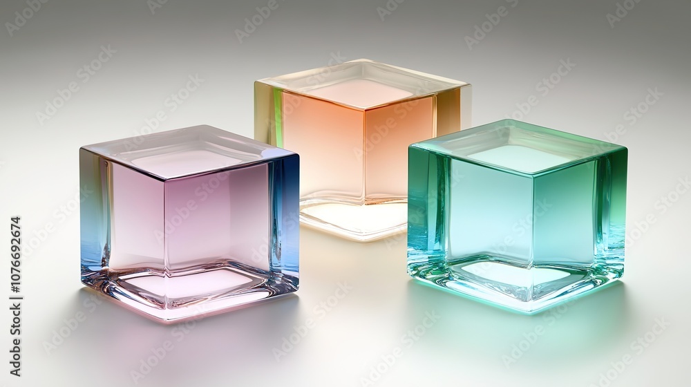 Poster three artistic glass cubes in soft colors displaying unique geometry and light reflection, perfect f