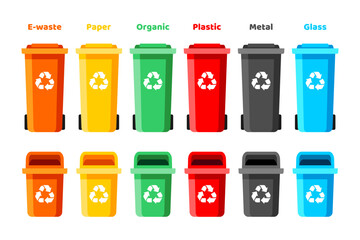 Colorful Recycling bins. Garbage sorting. E-waste, paper, Organic, plastic, metal and glass trash containers. Flat style