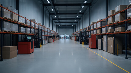High-Tech Automated Picking Interior Shot of a Modern Warehouse with Organized Shelving and Clean Aisles Showing Advanced Technology in Action