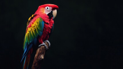 Obraz premium Scarlet Macaw Perched on a Branch Against a Dark Background