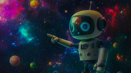 Naklejka premium Adorable and cheerful robot pointing toward a vast, starry space with colorful planets and sparkling galaxies.