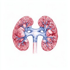 Fototapeta premium Detailed illustration of human kidneys, showcasing blood vessels and renal structure, isolated on white background.