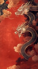 Obraz premium Majestic two headed dragon soaring above swirling clouds in vibrant red background