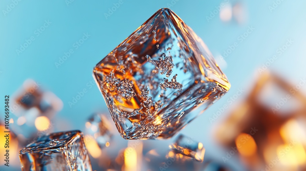 Poster stunning close-up of a crystal clear ice cube with reflections and bubbles floating against a soft b