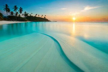 Tropical island beach. Palm trees destination landscape. Tranquil sea, vacation seascape, summer relax travel