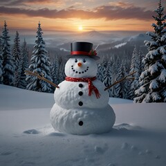 Snowman in snow forest during Christmas.