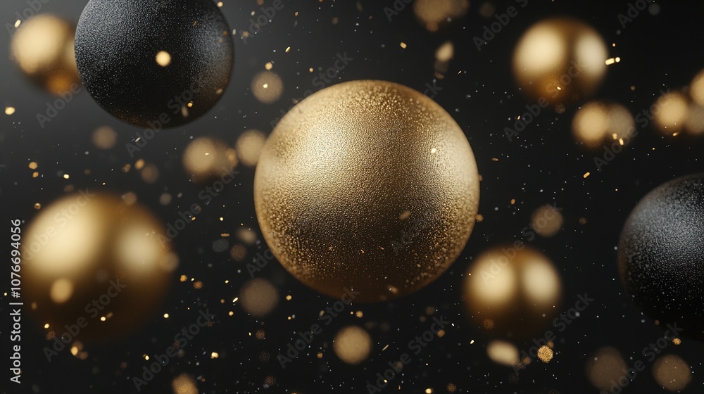 Poster abstract composition of black and gold spheres in a dynamic movement with sparkling particles creati