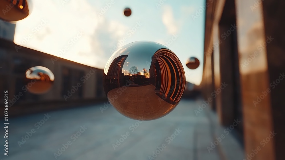 Aufkleber abstract reflection of surroundings in floating spheres against a soft focus urban background with w