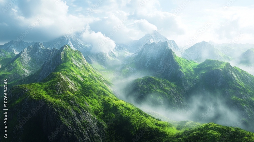 Aufkleber the mountains are covered in lush green trees and the sky is cloudy