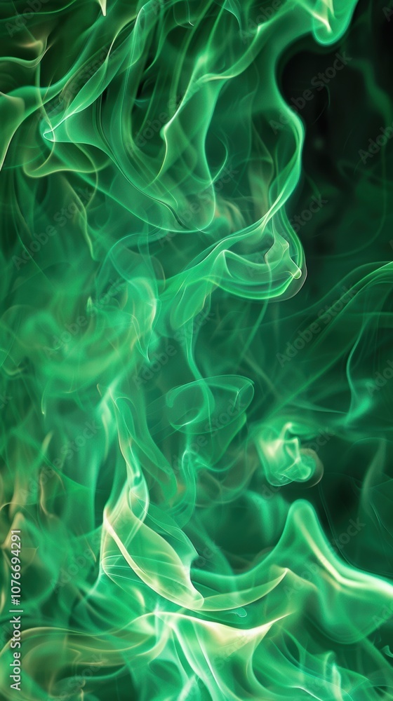Poster ethereal green flames, abstract patterns of green fire swirling in the air, creating a mesmerizing v