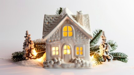 White Christmas house ceramic decoration with lights and green pine branches 
