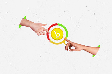Creative picture hands body fragments reach each other touch connection bitcoin trading money...