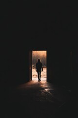 Fototapeta premium A person is walking through a doorway in a dark room