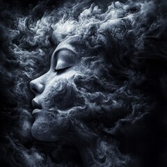 A woman's face is shown in a black and white photo with smoke surrounding her