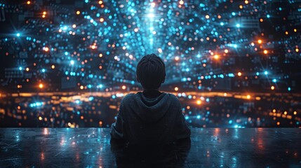 A tech professional sits in front of a computer displaying a digital representation of blockchain technology, with interconnected blocks of data lighting up across the screen