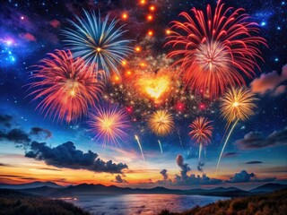 Romantic Night Under Fireworks and Starry Sky - Captivating High Dynamic Range Scene