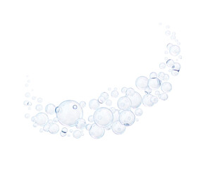 Fototapeta premium Set of bubbles. 3D Soap transparent balloon floating on transparent background. 3D Rendering. Render of transparent glass circle liquid object, soap water bubble with green and blue reflection. PNG
