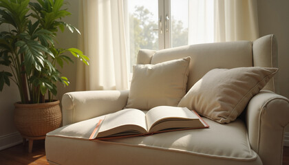 Cozy living space with opened book on sofa and warm sunlight, elderly care concept
