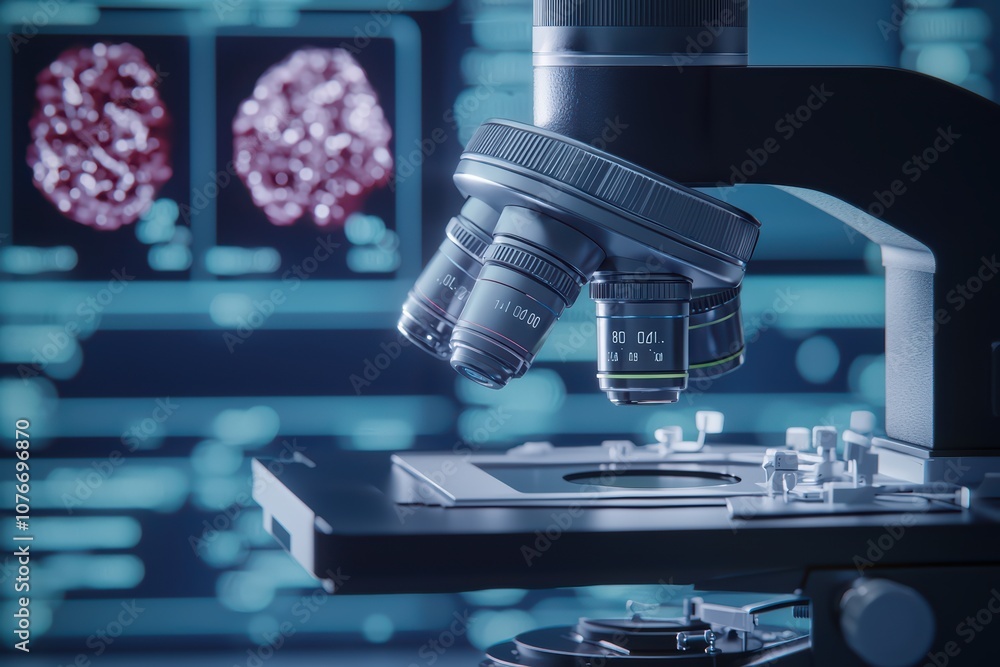 Poster high-tech microscope analyzing samples with digital brain images in the background.