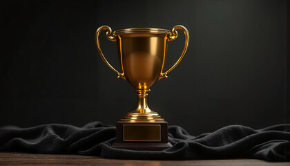 Fototapeta premium Golden trophy on a dark background emphasizing achievement and success, sports award, award concept 
