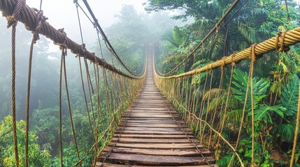 Fototapeta premium A misty suspension bridge surrounded by lush greenery in a tropical forest.