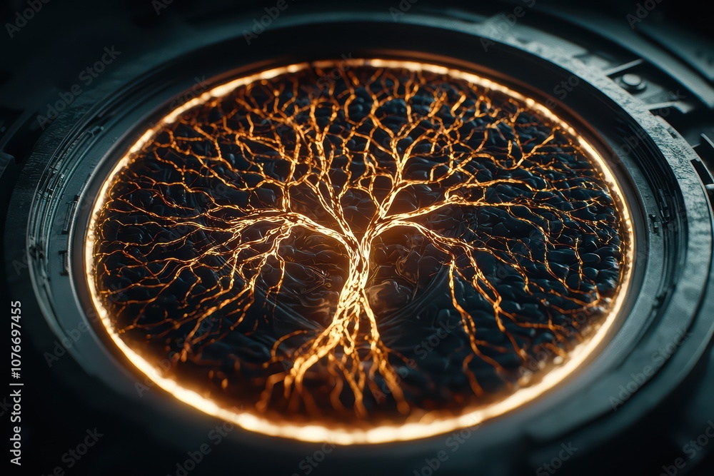 Poster intricate glowing tree design in a circular frame, showcasing artistic and scientific concepts.
