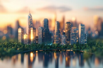 Naklejka premium City skyline at sunset with reflections on water and lush greenery in the foreground