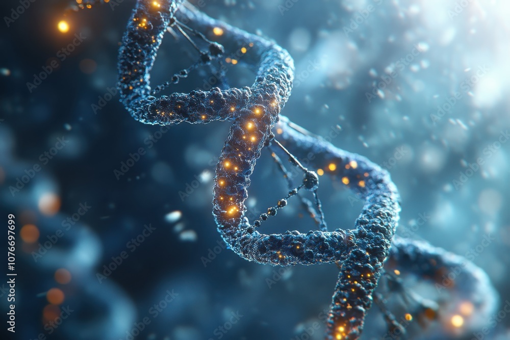 Poster a vibrant dna double helix is illuminated by shimmering particles in a complex scientific setting