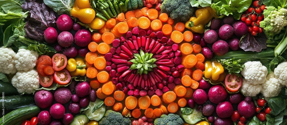 Poster colorful vegetables arranged in a circular pattern with a variety of textures and shapes.
