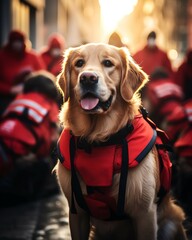 Golden Retriever service dog wearing a red safety vest, looking at the camera with a happy expression. service dog.